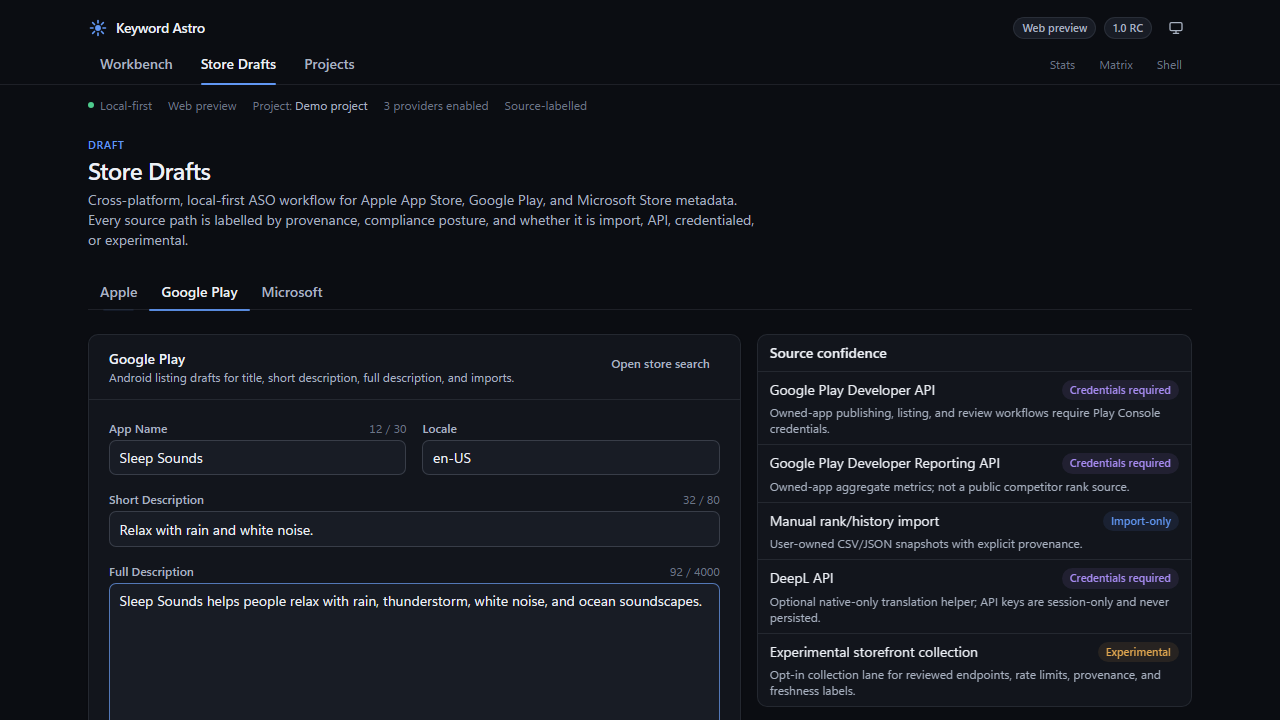 Keyword Astro Store Drafts Google Play lane on sample data
