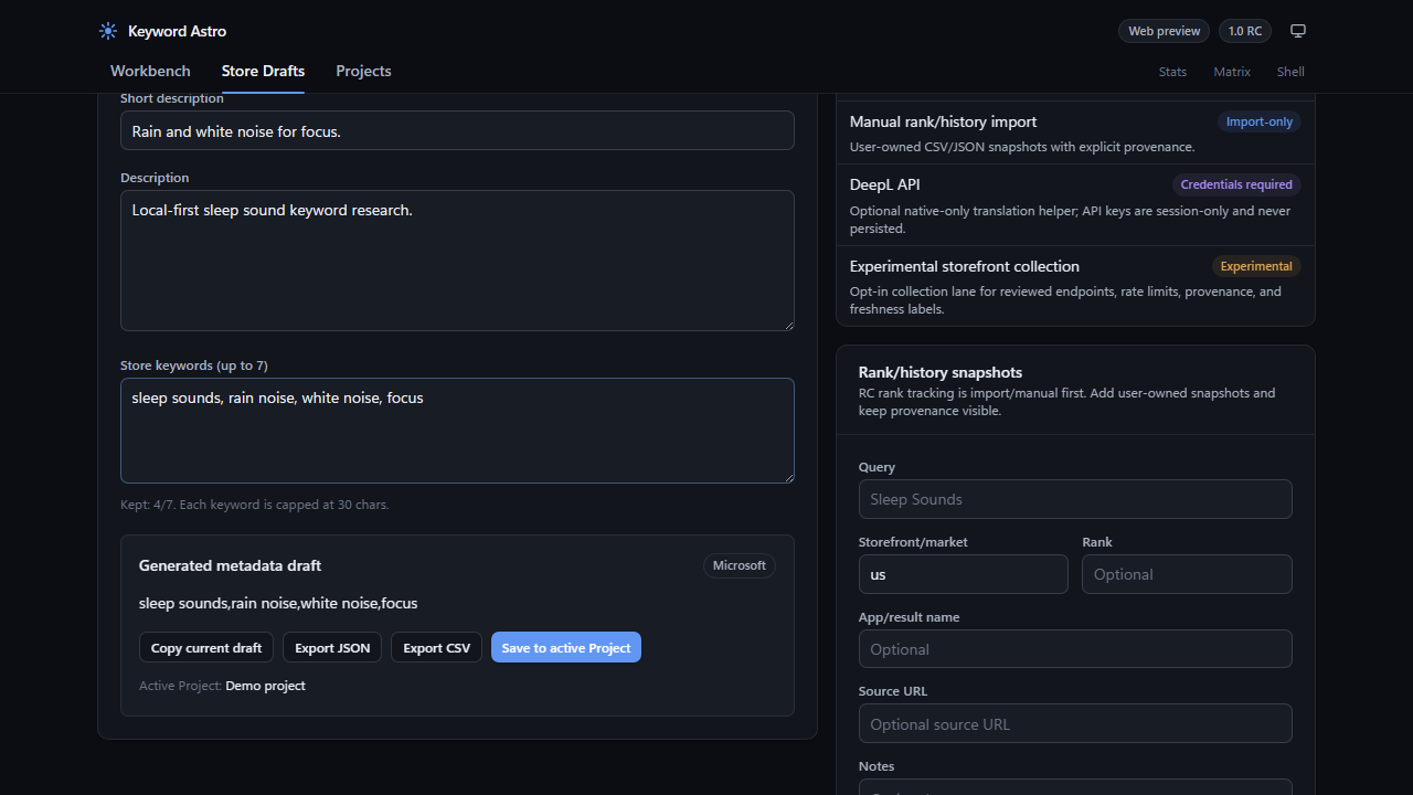 Keyword Astro Store Drafts Microsoft Store lane on sample data