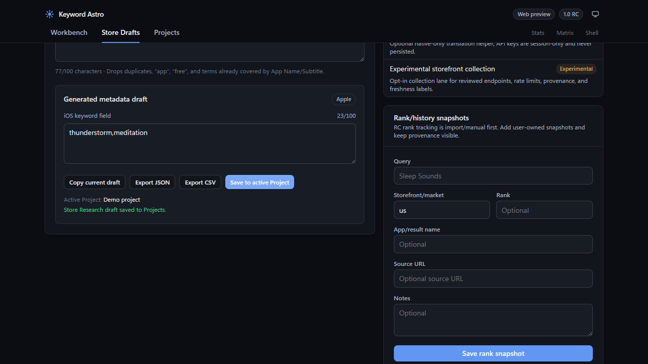Keyword Astro Store Research Console with Apple App Store metadata drafting