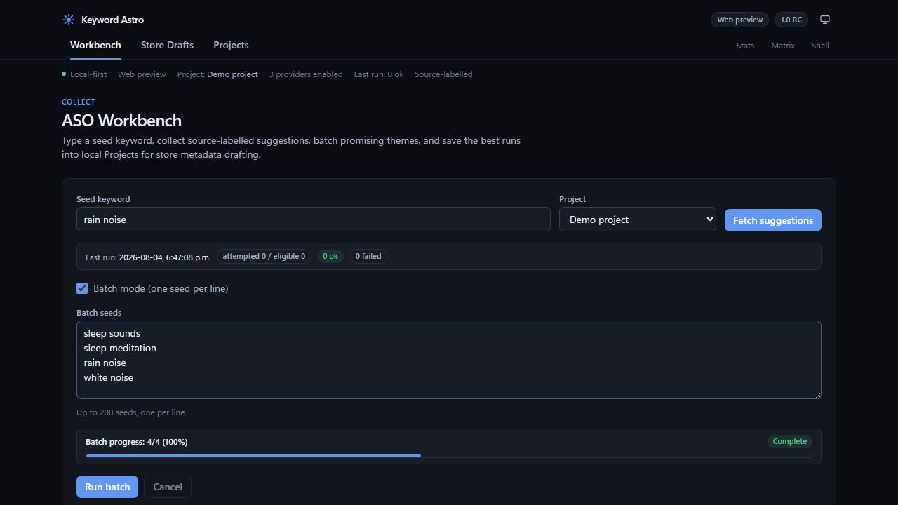 Keyword Astro batch progress bar and current seed status