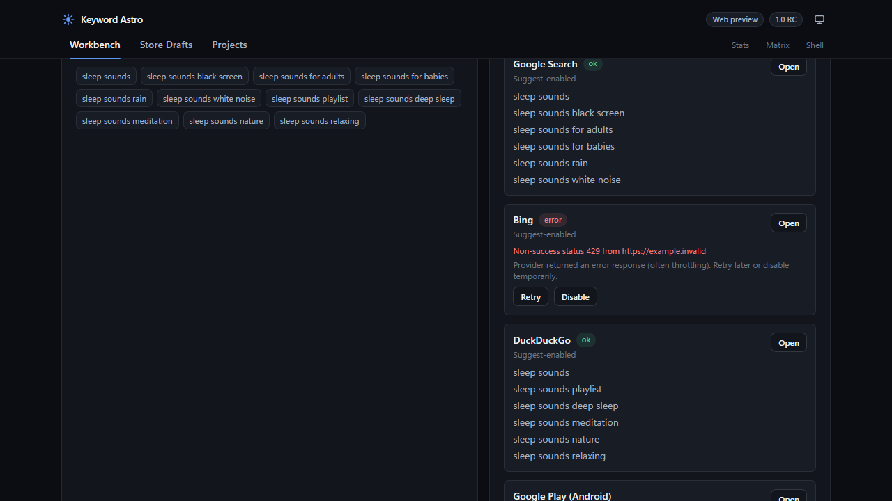 Keyword Astro per-service 429 error with Retry and Disable on sample data