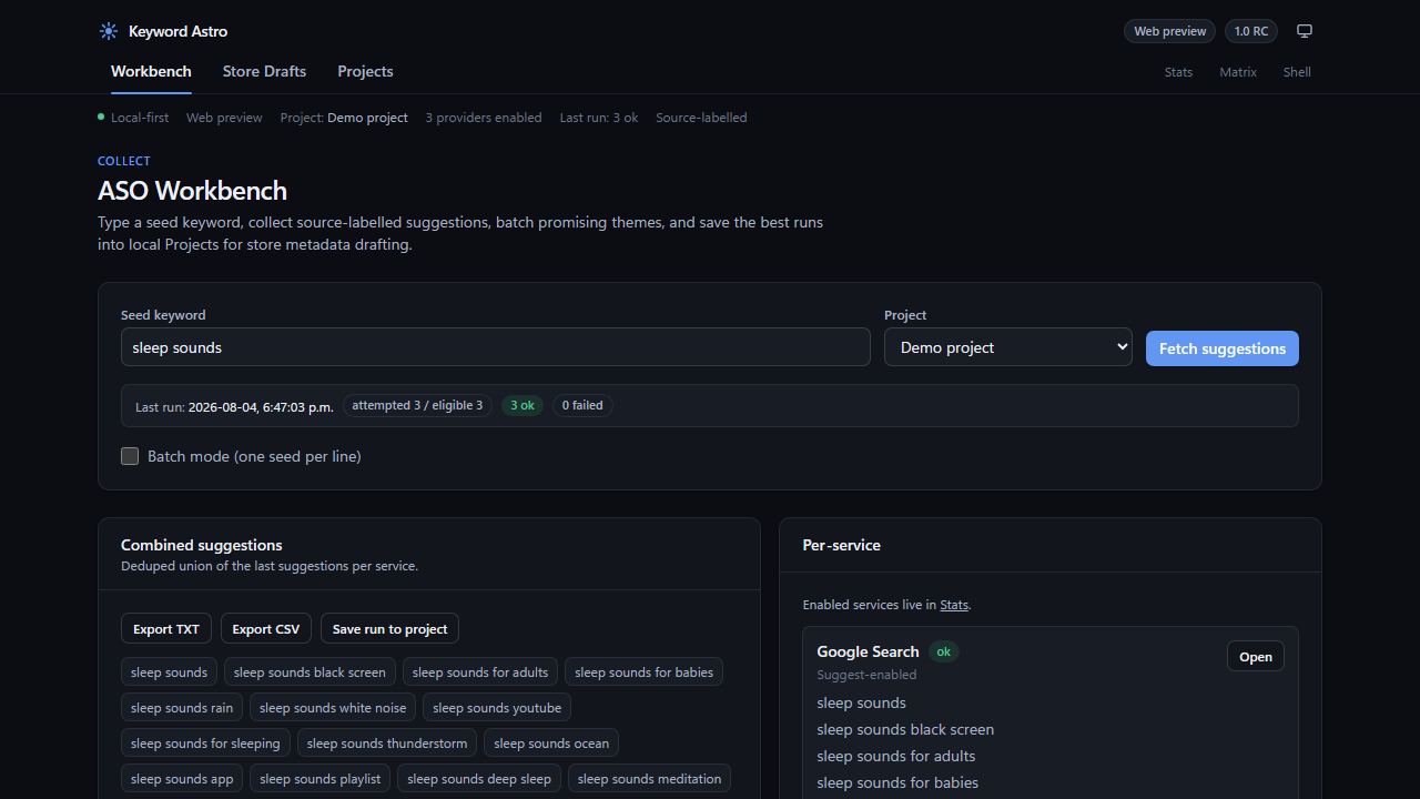 Keyword Astro Explorer page with keyword suggestions
