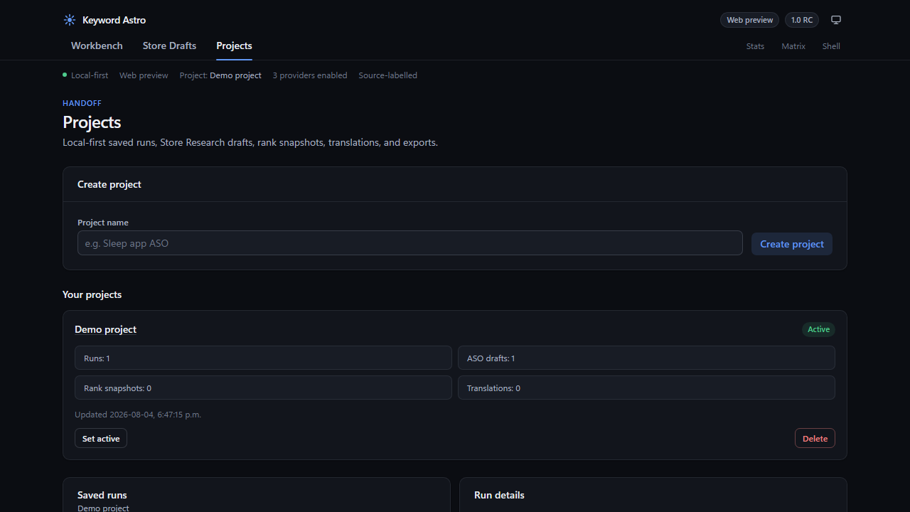 Keyword Astro ASO drafts saved to a project on sample data