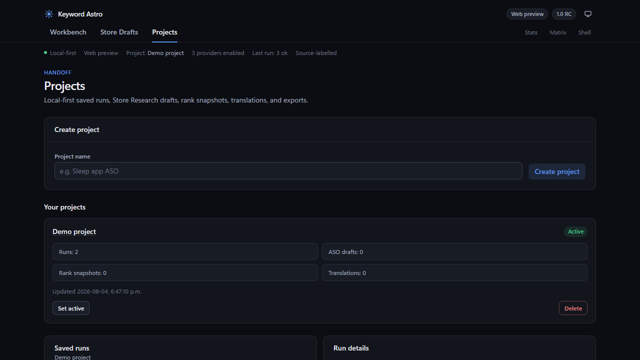 Keyword Astro Projects page with saved keyword runs
