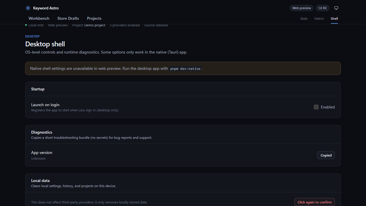 Keyword Astro two-click clear local data confirmation