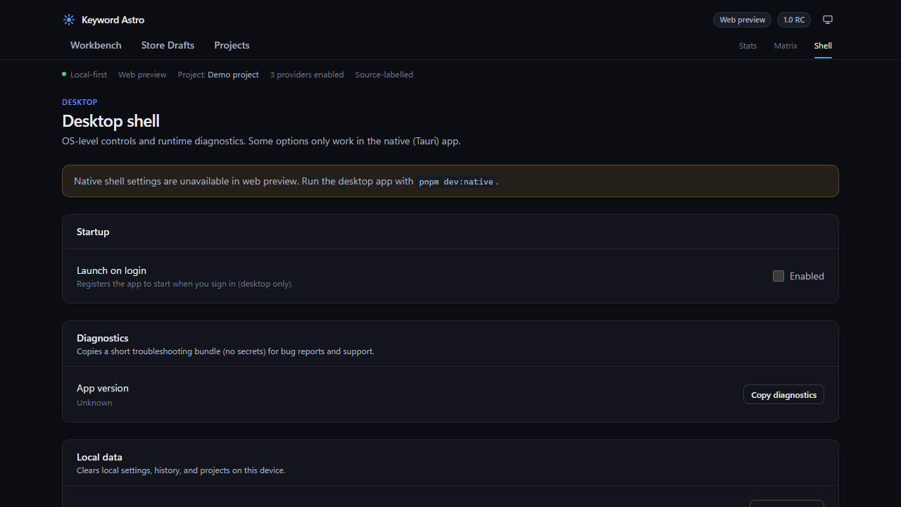Keyword Astro desktop shell controls