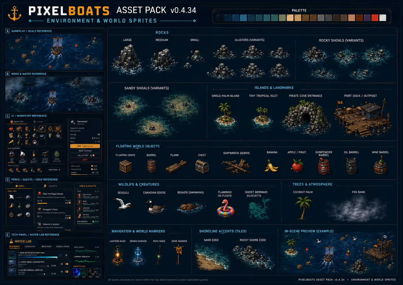 PixelBoats concept sheet with ships, island pieces, water textures, props, and environment assets.