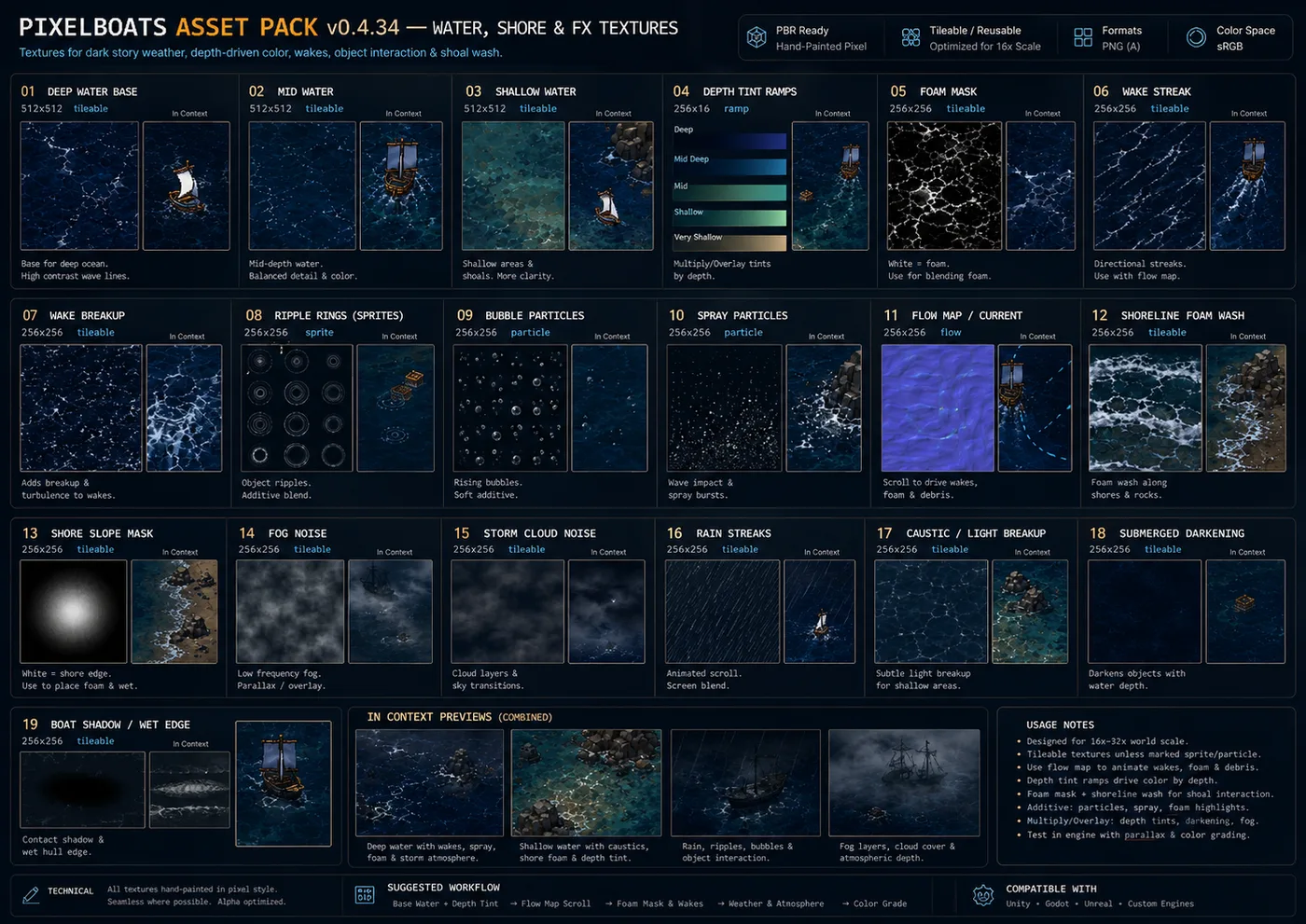 PixelBoats illustration board showing pixel-art water, shoreline materials, boats, and coastal visual references.