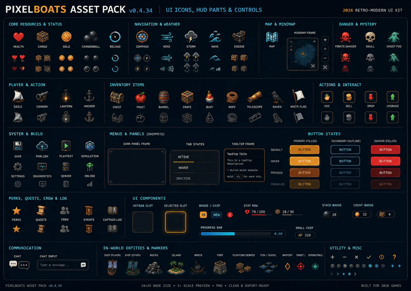 PixelBoats UI asset pack mockup with icons, badges, interface panels, and pixel-art HUD elements.