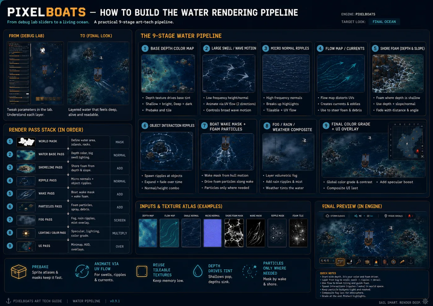 PixelBoats water rendering pipeline guide showing texture samples, water notes, and visual proof stages.