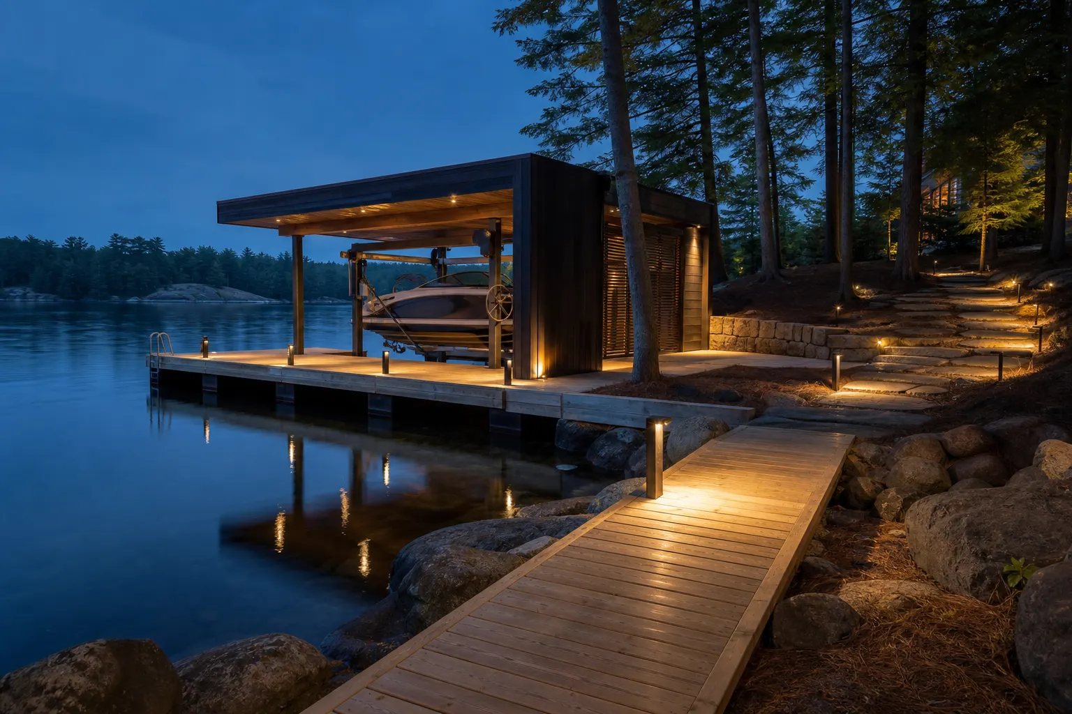 Representative waterfront study with dock, boathouse, lift and restrained lighting