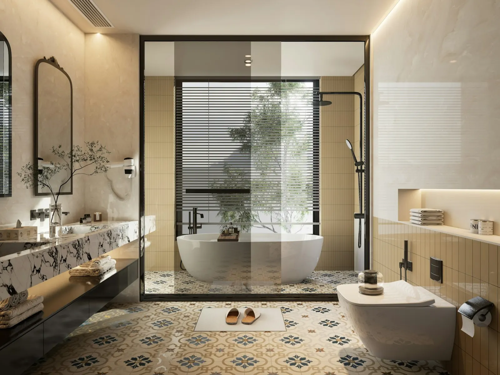 A bathtub, toilet and tiled shower shown as a representative bath-planning setting