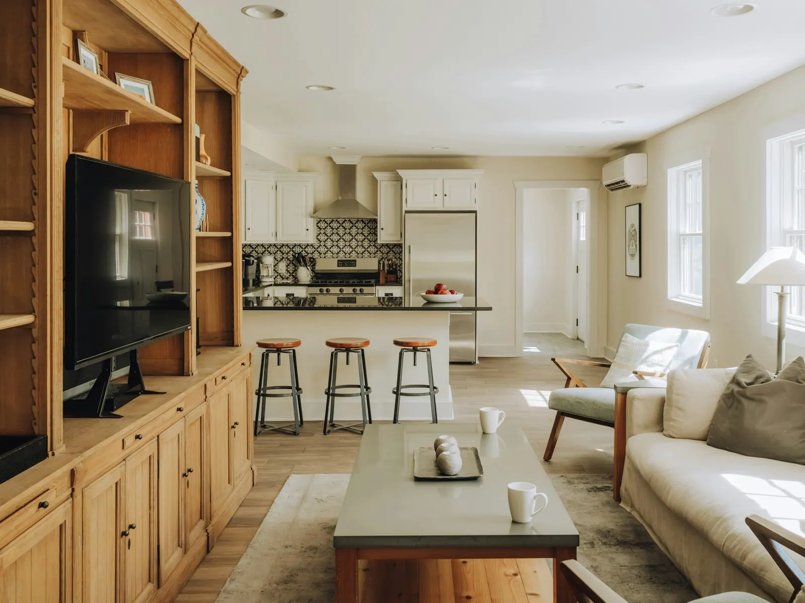Timber built-ins shown as a representative custom-millwork direction