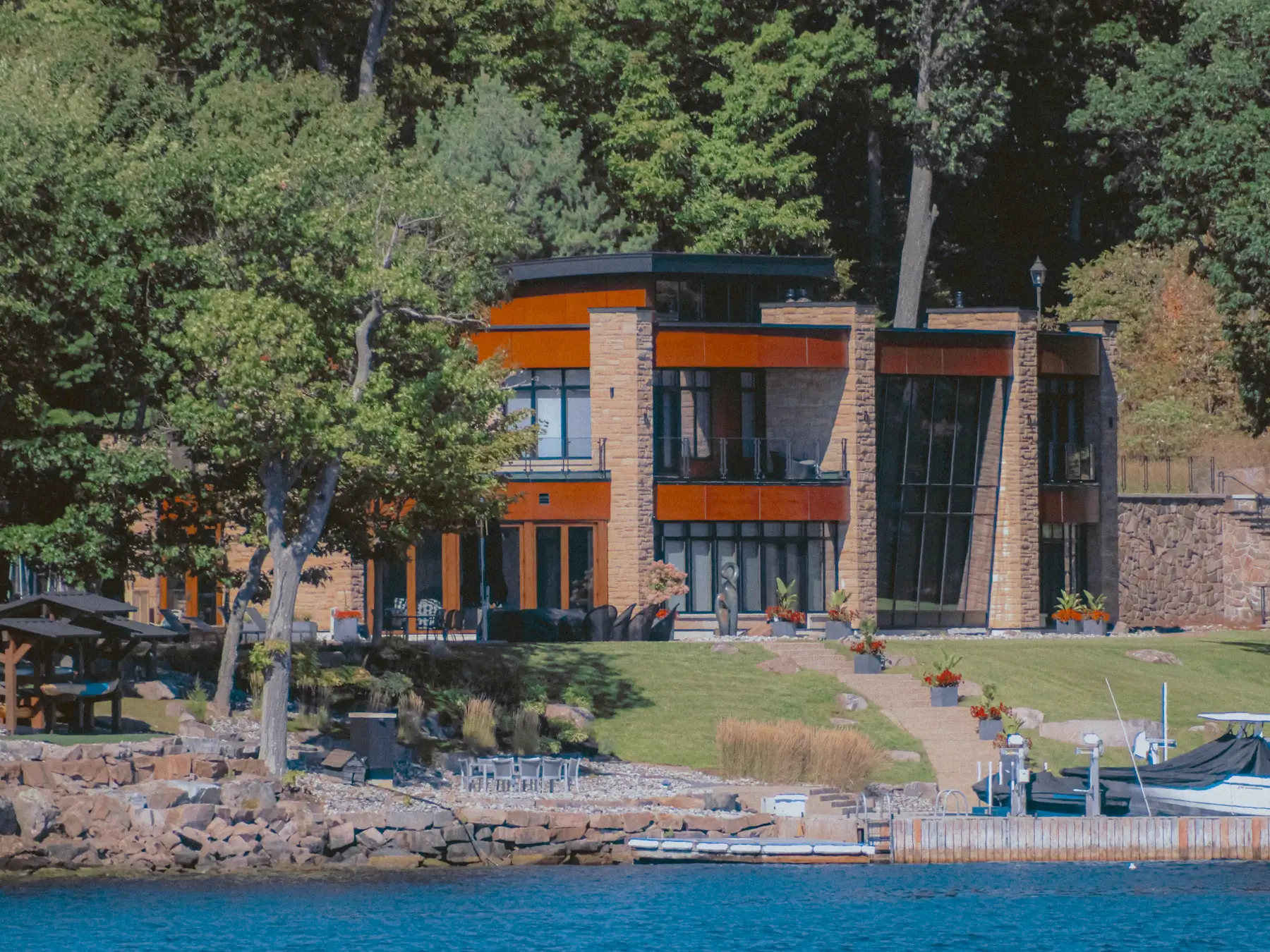Contemporary wooded lakeshore architecture shown as a representative setting