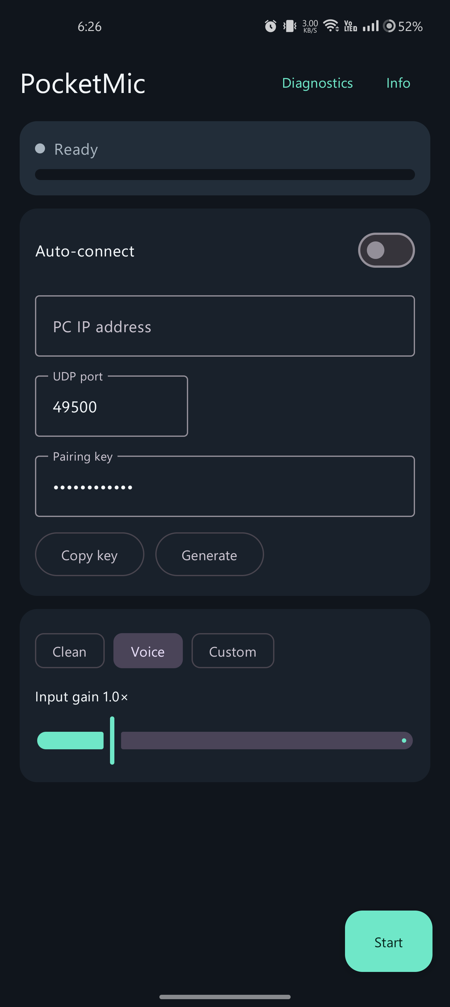 PocketMic Android app showing connection fields, QR scan button, capture mode selector, and gain slider on a dark theme